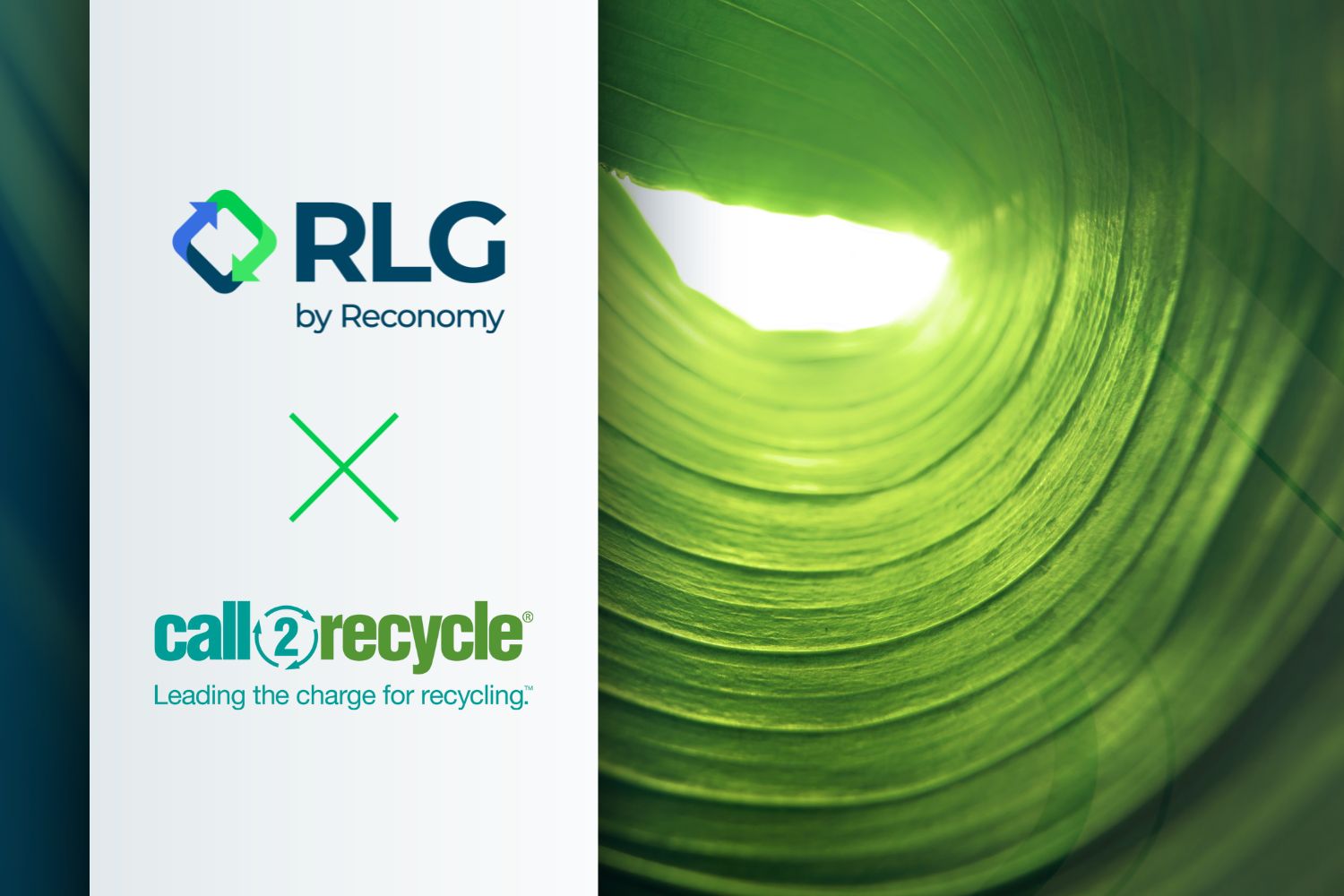 A bent green leaf in the background with sunlight streaming through the top. In the foreground, a white space features two logos and a green "X."